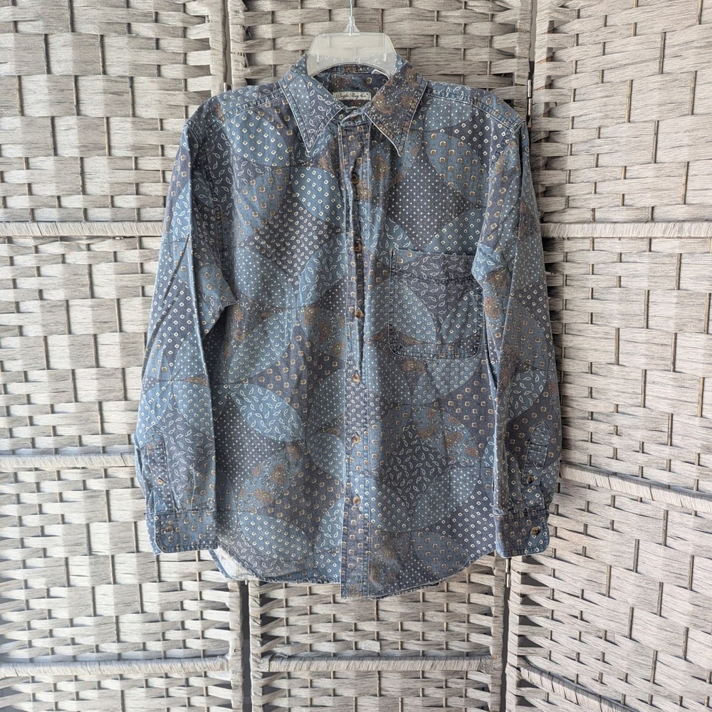 Vtg‎ 90s Bugle Boy Button Up Shirt Blue Patchwork Paisley AOP Mens M Long Sleeve